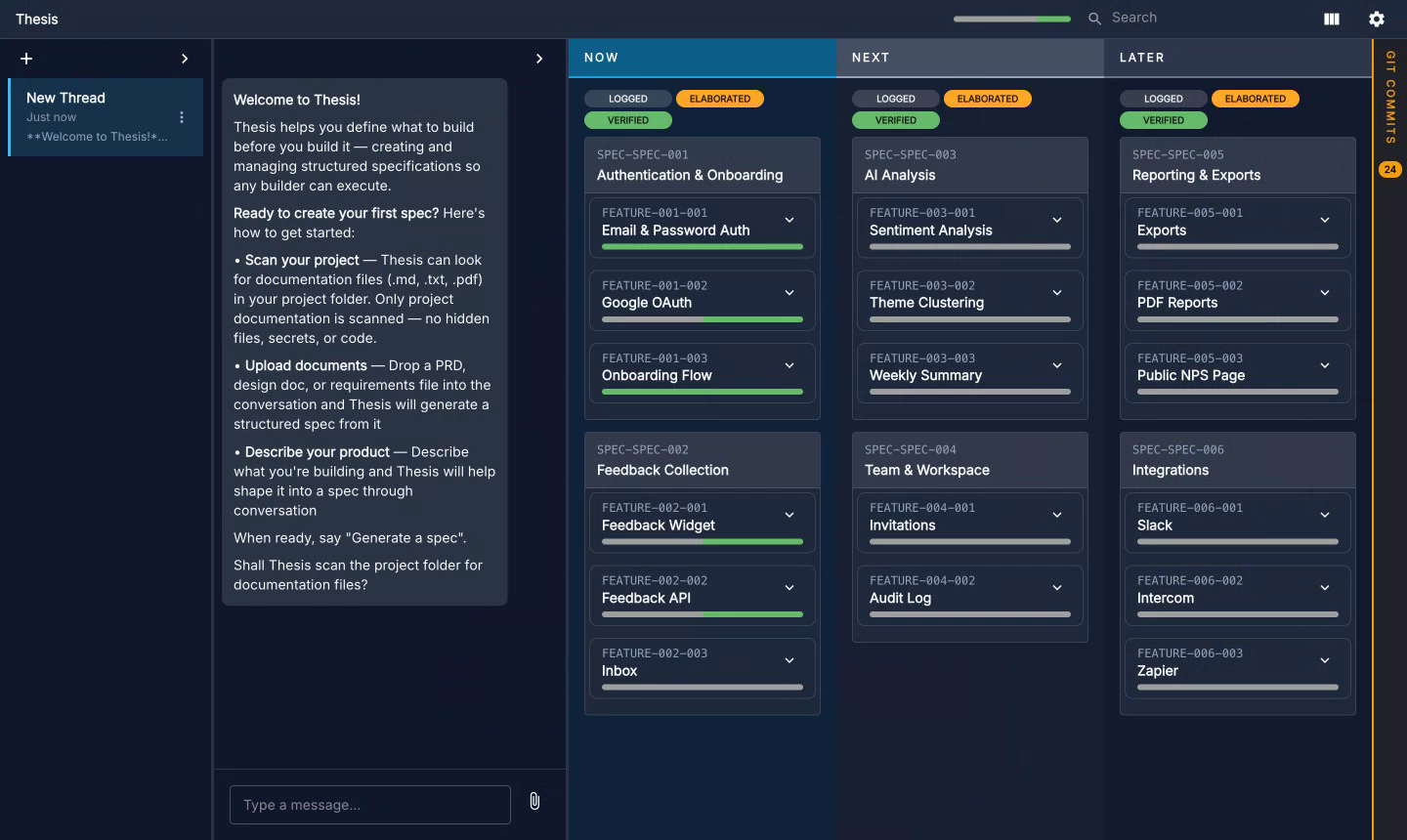 Thesis PM conversation panel — chat interface with spec context, tool outputs, and task management